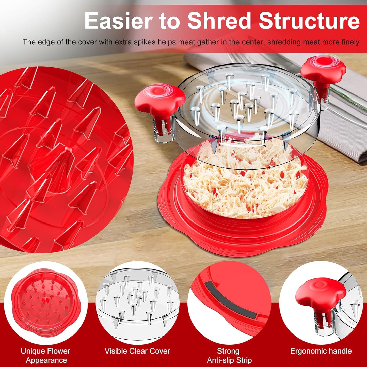 Chicken Shredder with Brush, Visible Meat Shredder Machine, Anti-Slip Strip, Ergonomic Handle, BPA Free, Suitable for Pork Beef Chicken,Red