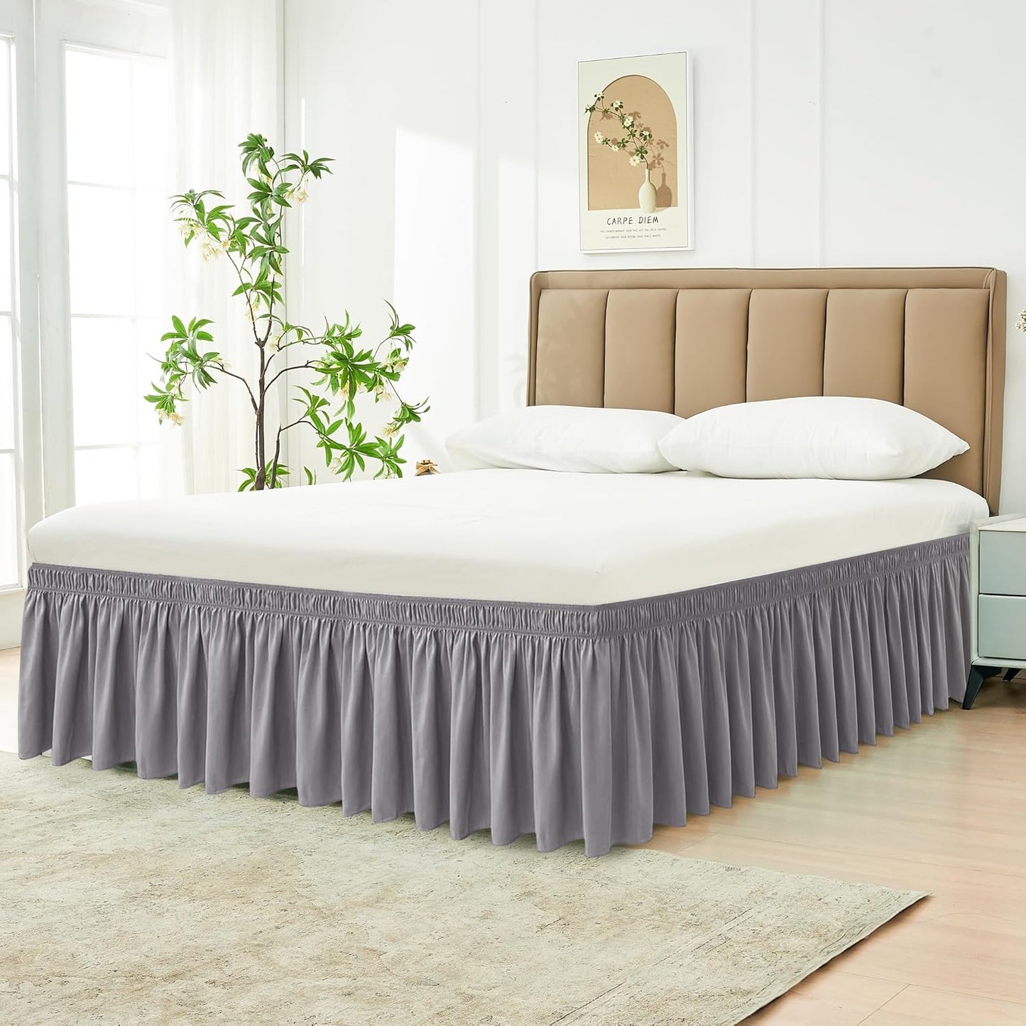 Wrap Around Bed Skirts  15" Drop, Aqua Adjustable Elastic Dust Ruffles Easy Fit Wrinkle & Fade Resistant  Machine Washable ,Grey