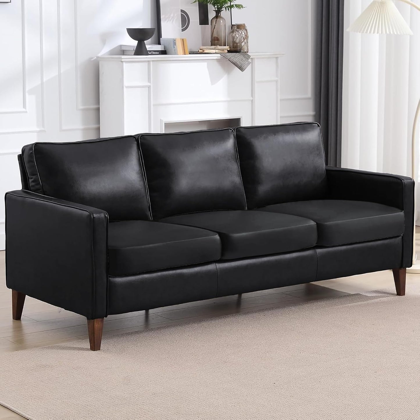 Waterproof PU Sofa Cushion Covers, Leather RV Chair Seat Slipcover with Elastic Bottom Furniture Protector for Settee Seater Replacement, Washable,Black