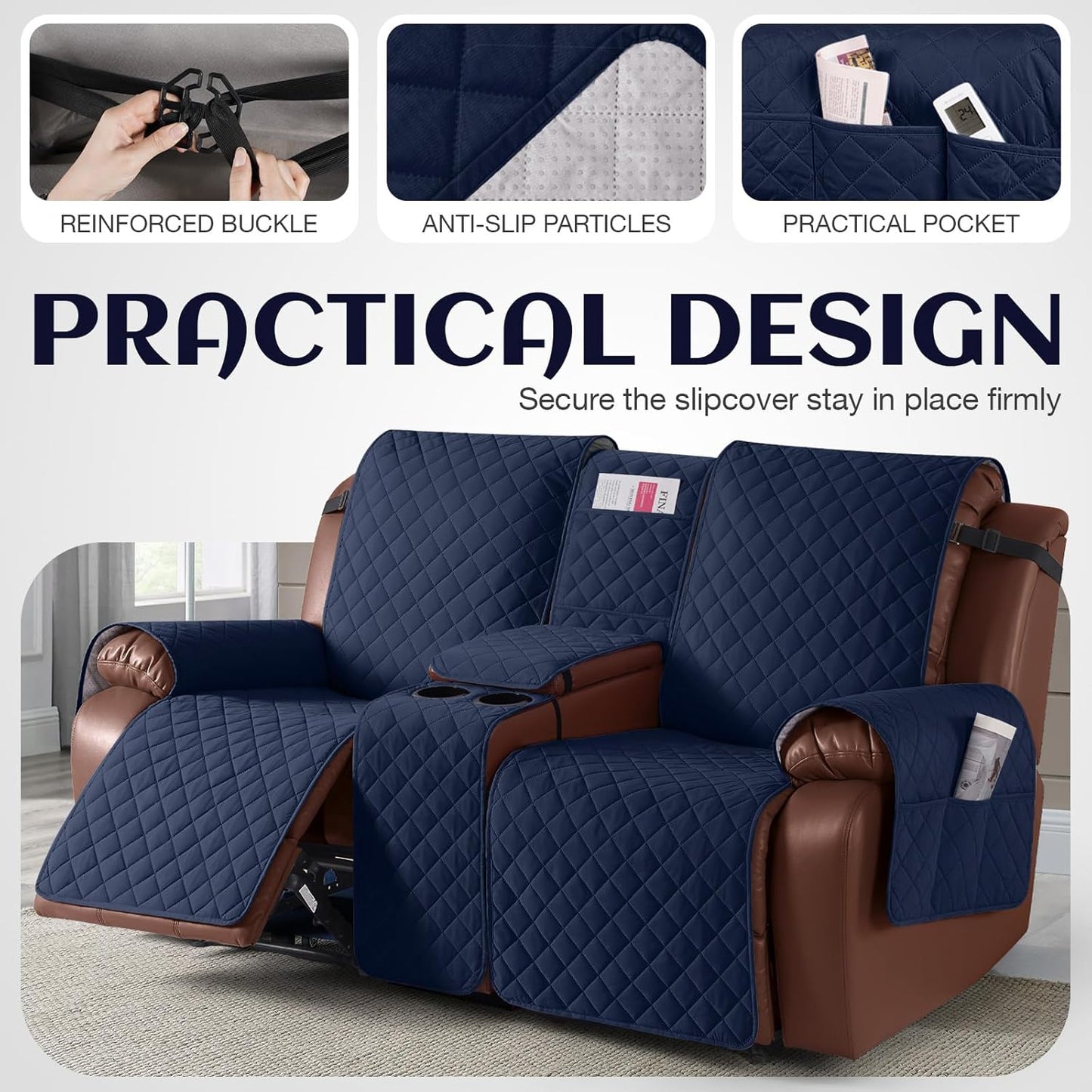 100%Waterproof  with Console, Non-Slip Reclining Couch Covers for 2 Seat, Recliner Sofa Cover Furniture Protector with Elastic Straps for Kids, Pets,Navy
