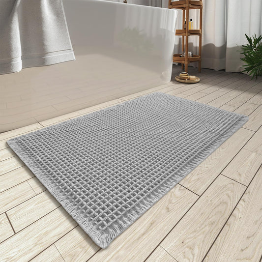 Waffle Bath Mat, Super Absorbent Non Slip Bath Mats for Bathroom Floor, Machine Washable Bathroom Rugs with Tassels,Ultra Soft,Grey