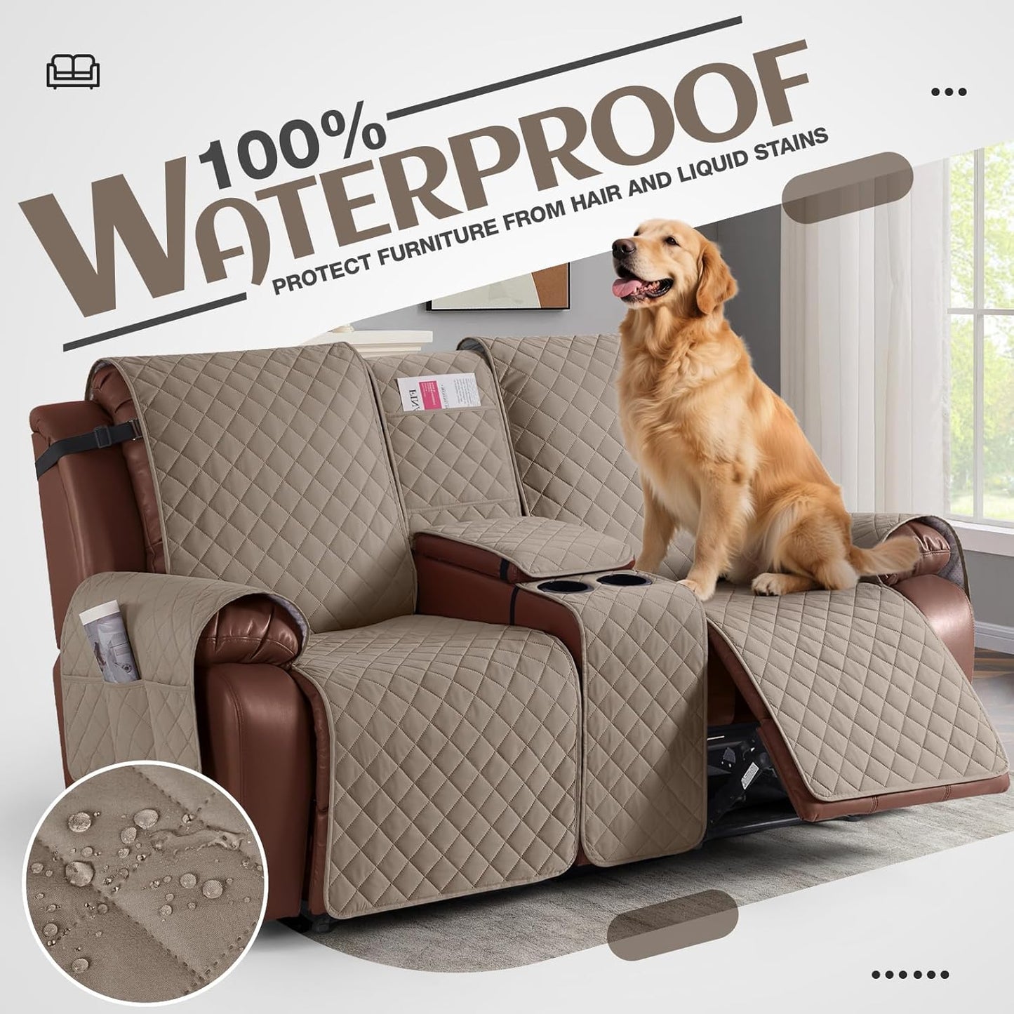 100%Waterproof  with Console, Non-Slip Reclining Couch Covers for 2 Seat, Recliner Sofa Cover Furniture Protector with Elastic Straps for Kids, Pets,Taupe