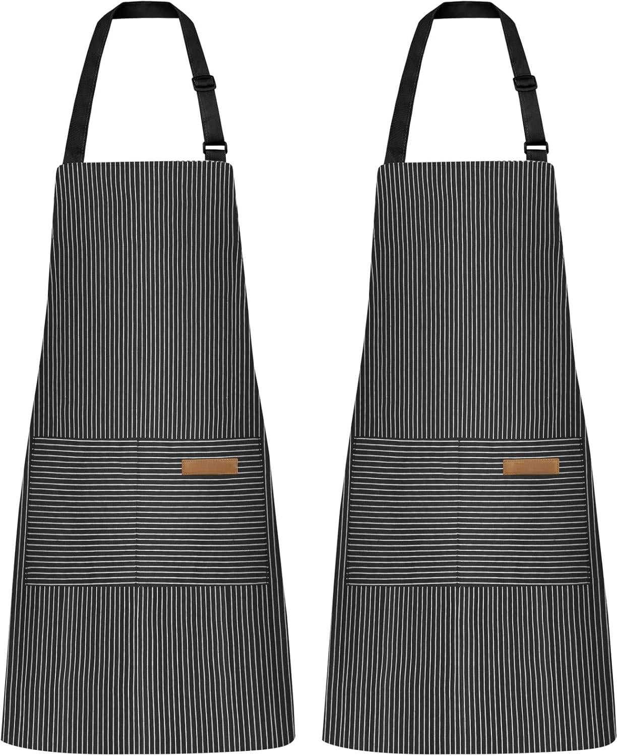 2 Pack Kitchen Cooking Aprons, Adjustable Bib Soft Chef Apron with 2 Pockets for Men Women(Black/Black Pinstripes)