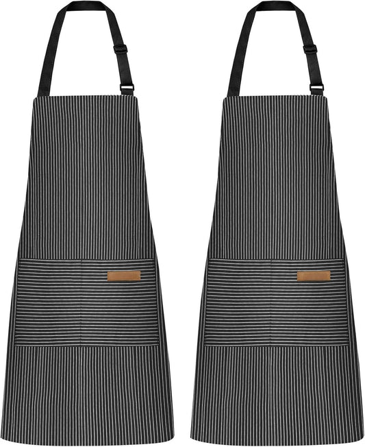 2 Pack Kitchen Cooking Aprons, Adjustable Bib Soft Chef Apron with 2 Pockets for Men Women(Black/Black Pinstripes)
