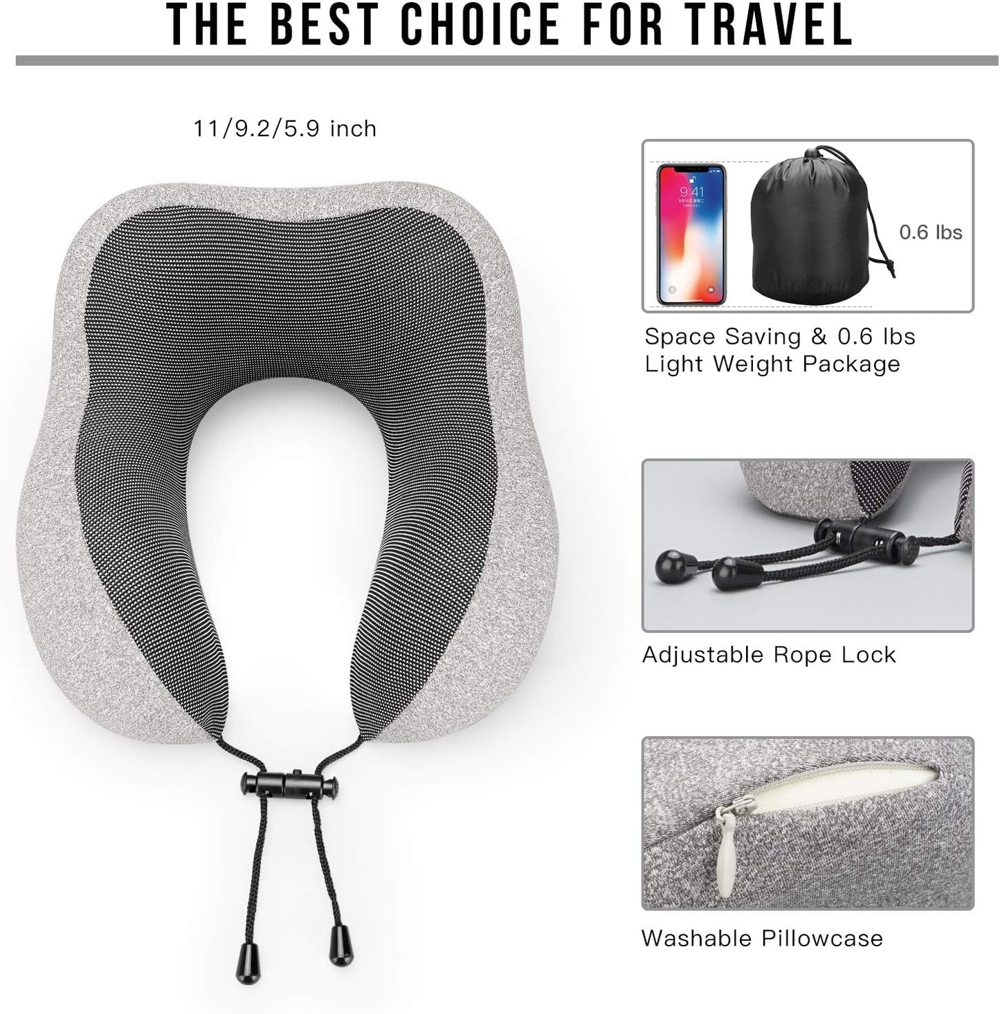 Travel Pillow 100% Pure Memory Foam Neck Pillow, Comfortable & Breathable Cover - Machine Washable, Airplane Travel Kit with 3D Sleep Mask, Earplugs, and Luxury Bag, Light Grey