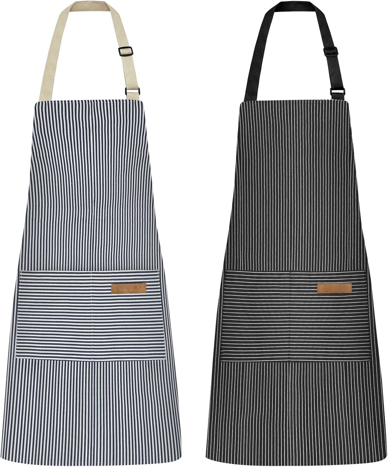 2 Pack Kitchen Cooking Aprons, Adjustable Bib Soft Chef Apron with 2 Pockets for Men Women(Blue/Black)