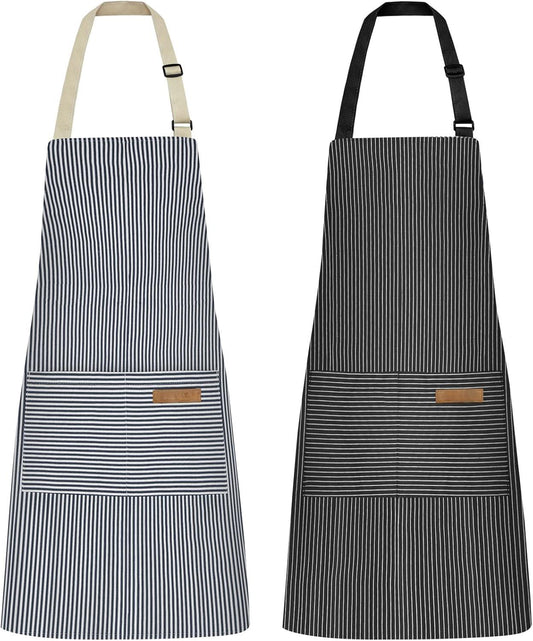 2 Pack Kitchen Cooking Aprons, Adjustable Bib Soft Chef Apron with 2 Pockets for Men Women(Blue/Black)