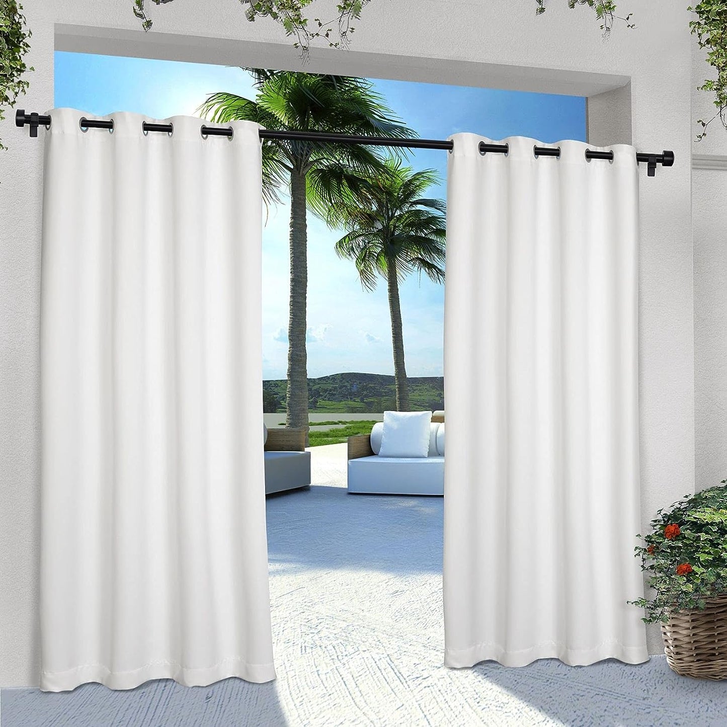 2 Pieces Solid Indoor/Outdoor Light Filtering,Waterproof Grommet Top Curtain Panel, White