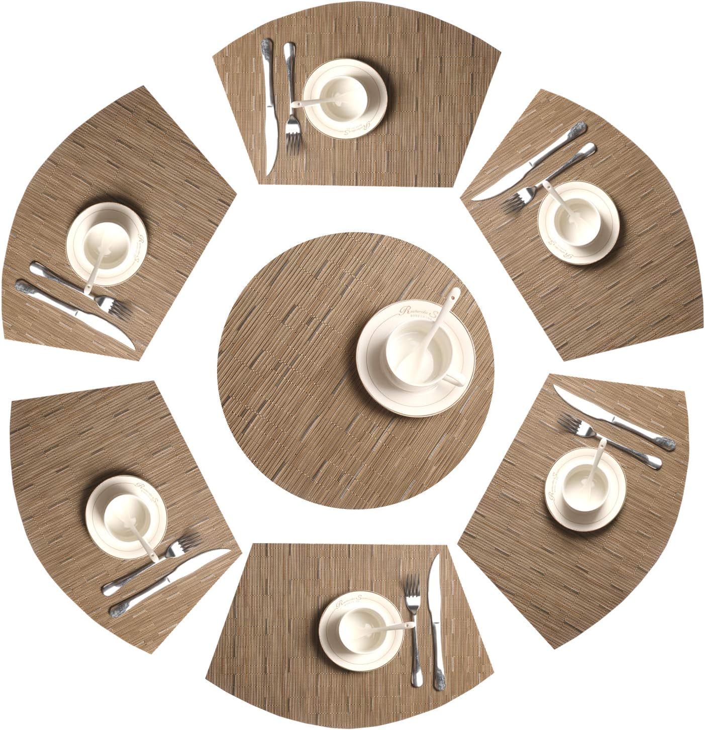 Round Table Placemats Set Wedge Shaped Place Mat with Centerpiece Round Mat Heat Resistant Table Mats Washable, Tan
