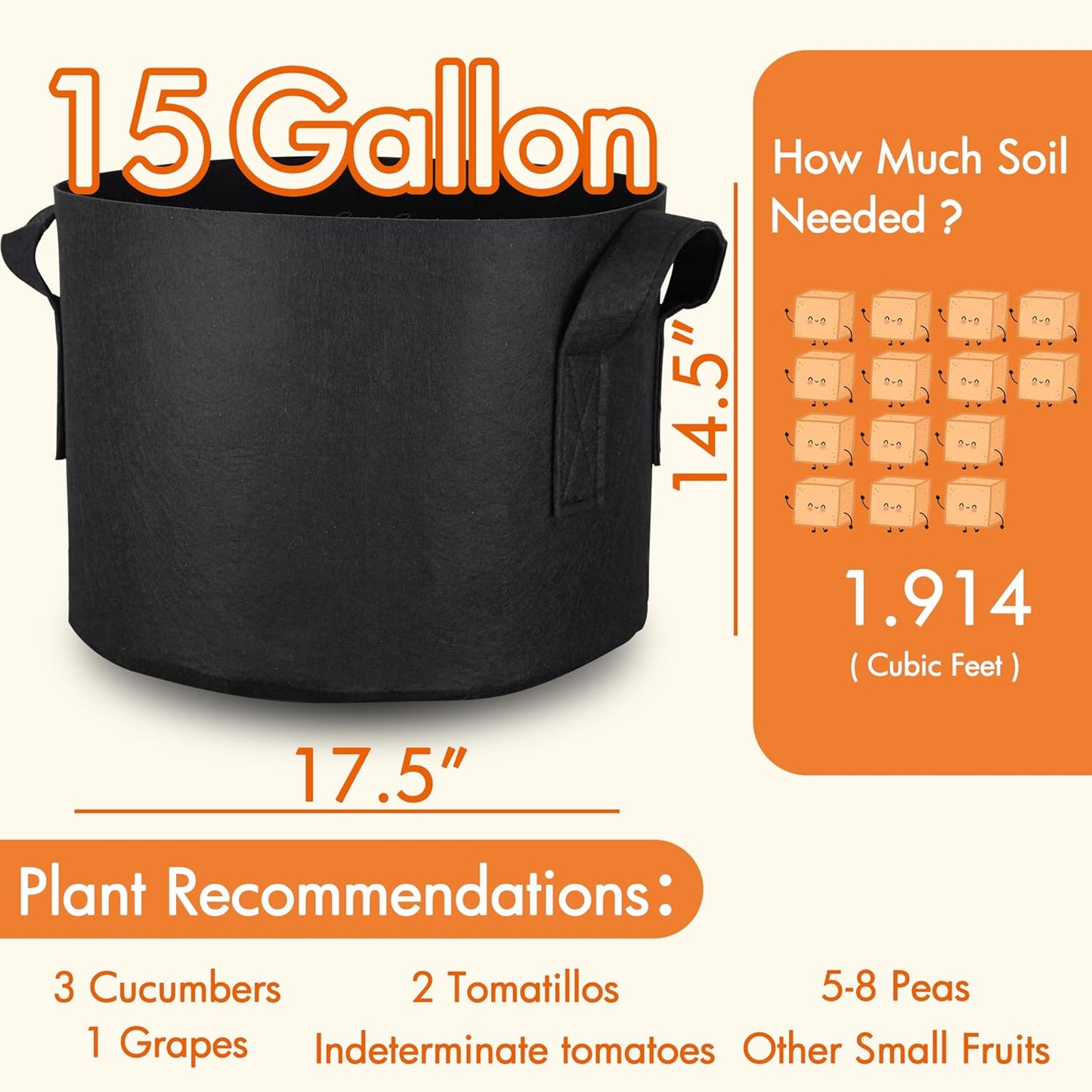 10-Pack 15 Gallon Grow Bags, Aeration Fabric Pots with Handles, Heavy Duty Cloth Pots for Plants