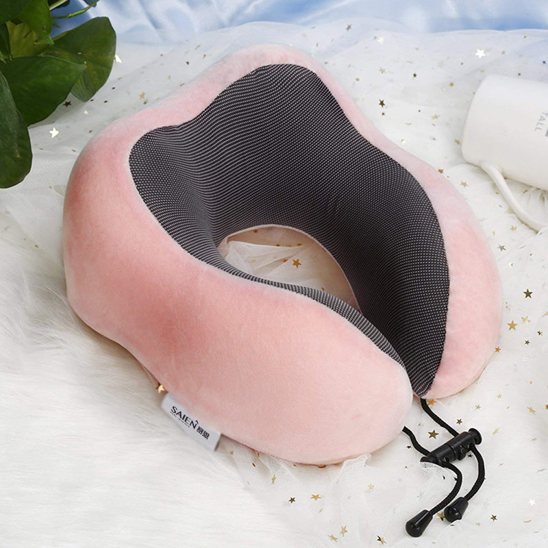 Travel Pillow 100% Pure Memory Foam Neck Pillow, Warm Velvet Cover - Machine Washable, Airplane Travel Kit with 3D Sleep Mask, Earplugs, and Luxury Bag,Pink