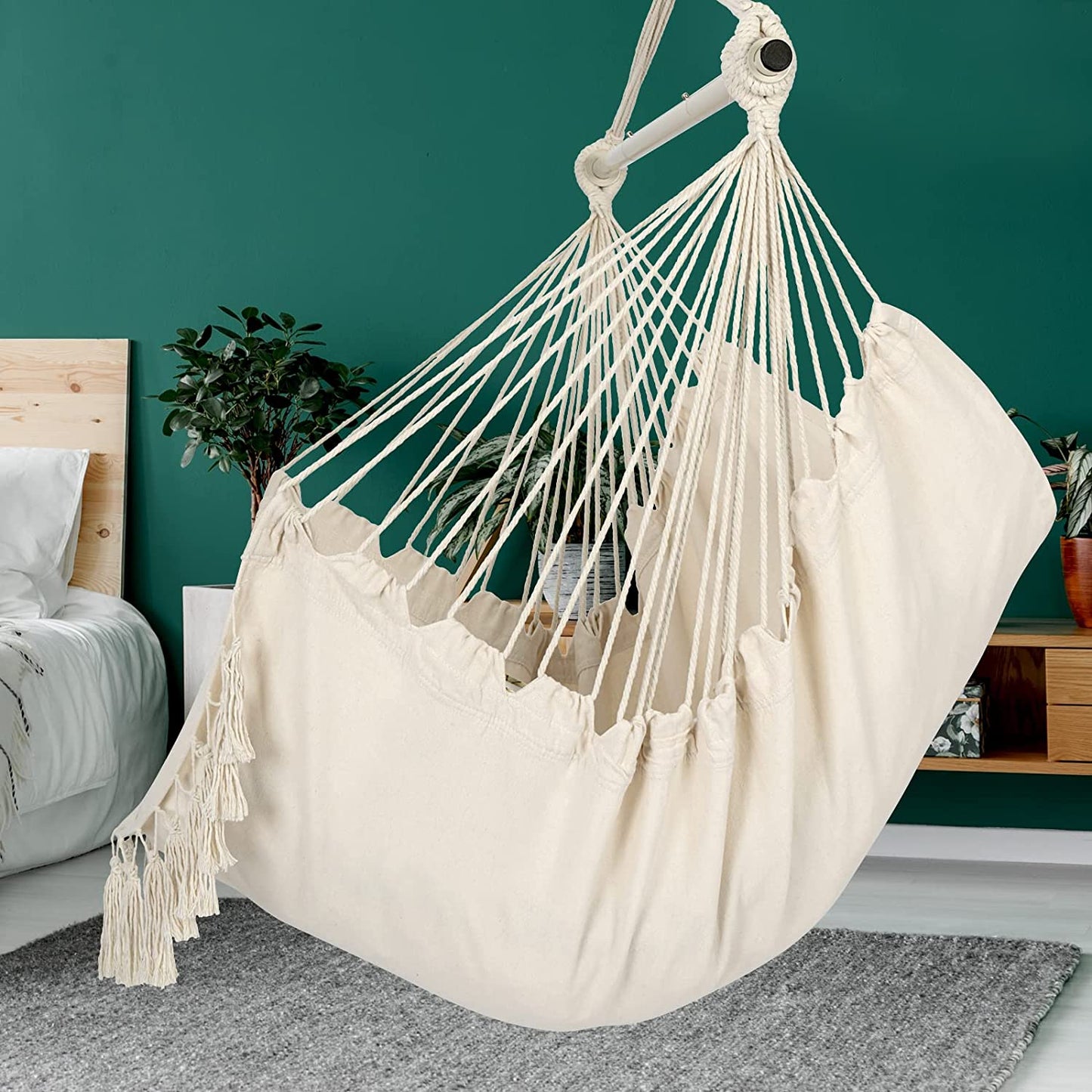 Hammock Chair Hanging Rope Swing, Large Hanging Chair with Pocket and tassels,Cushions for Superior Comfort, with Hardware Kit (Beige)