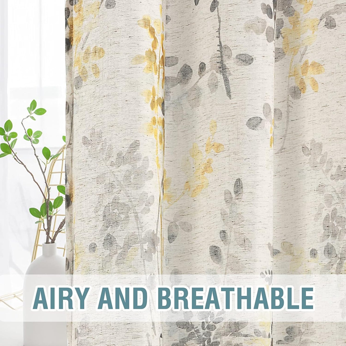 Sheer Linen Curtains Semi Sheer Curtains Draperies for Living Room/Bedroom Vintage Classical Floral Printing Window Treatment Grommet 2 Panels,Yellow/Taupe