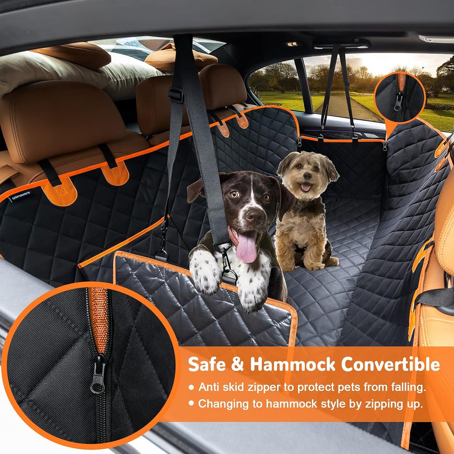 Back Seat Extender for Dogs, Waterproof Dog Car Seat Cover, Sturdy Pets Backseat Protector Full surround and Storage Pocket for Car SUV Truck,Orange
