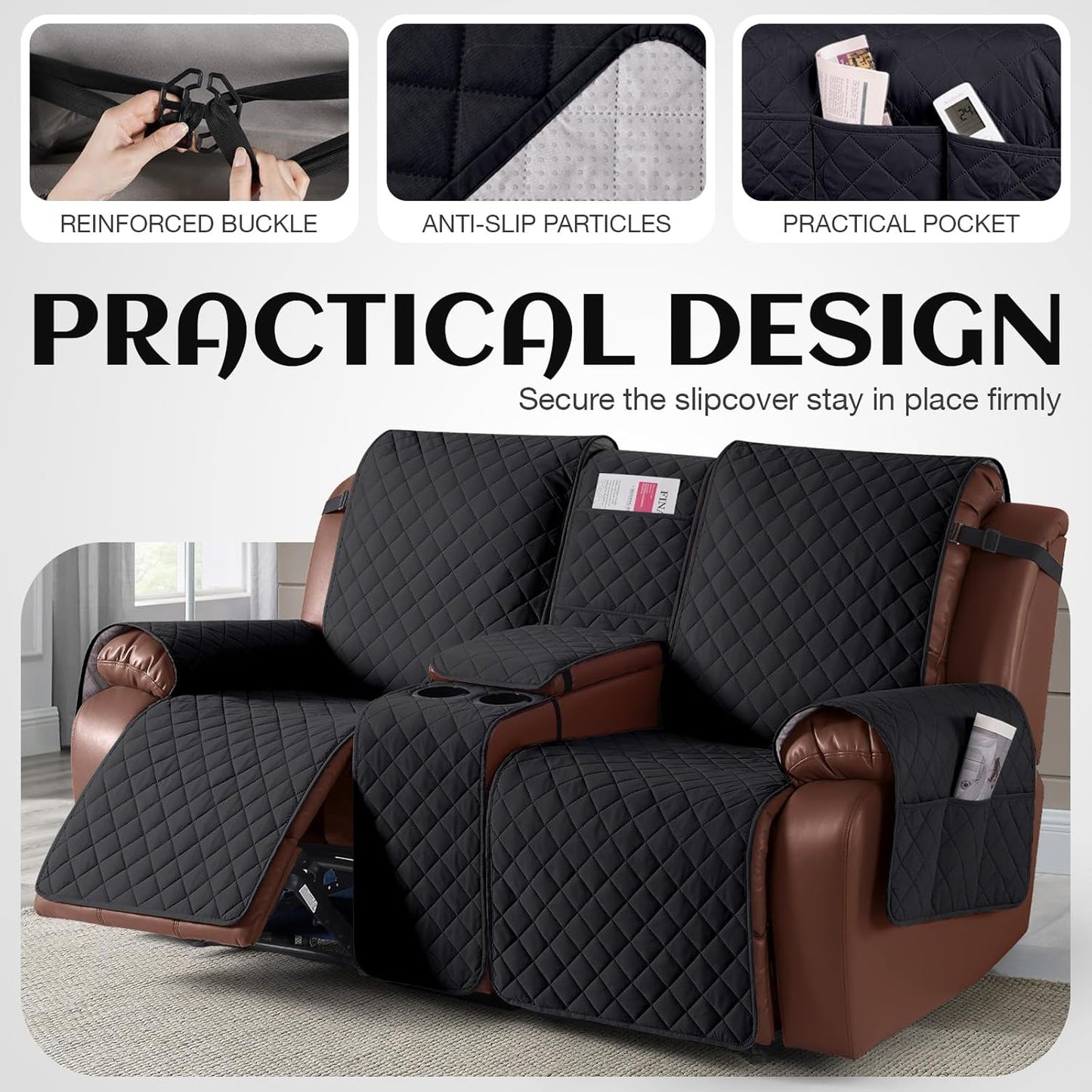 100%Waterproof  with Console, Non-Slip Reclining Couch Covers for 2 Seat, Recliner Sofa Cover Furniture Protector with Elastic Straps for Kids, Pets,Black