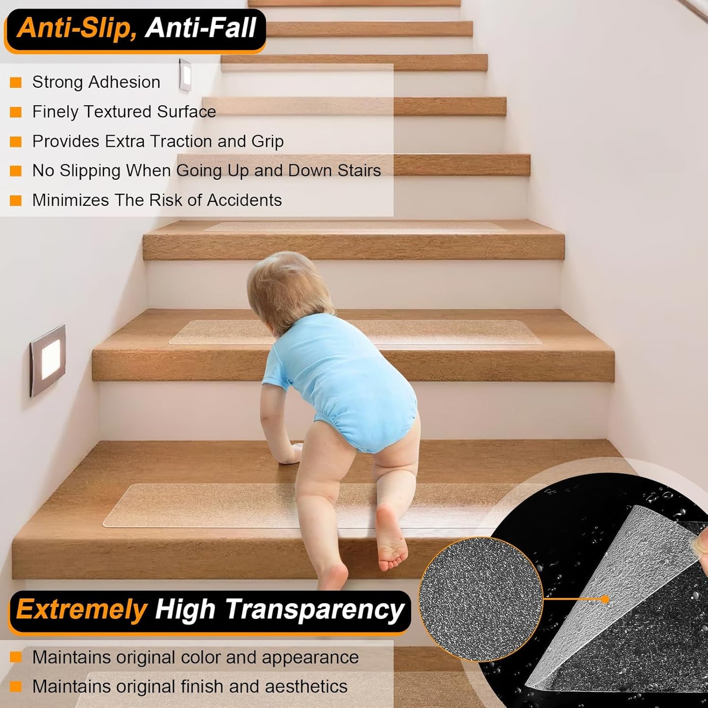 Clear Non-Slip Treads for Wooden Steps Indoor Pre-Cut Anti-Slip Strips, Grip Tape Transparent Grips for Wood Stairs, Dogs, Kids and Pets, Waterproof