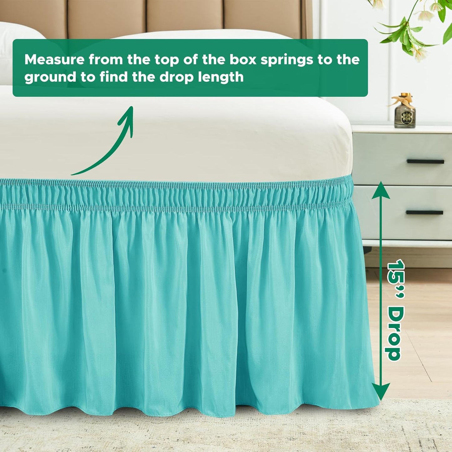 Wrap Around Bed Skirts  15" Drop, Aqua Adjustable Elastic Dust Ruffles Easy Fit Wrinkle & Fade Resistant  Machine Washable ,Aqua
