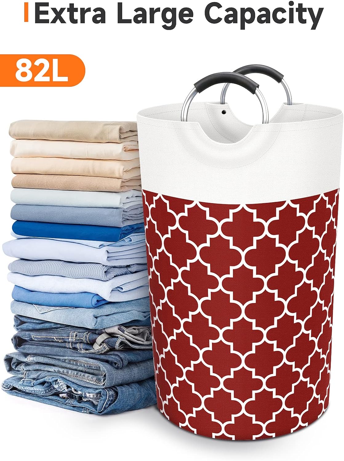 Large Laundry Basket Collapsible Tall With Handles Waterproof Travel Bathroom Essentials Storage For Dorm, Family (Red),82L