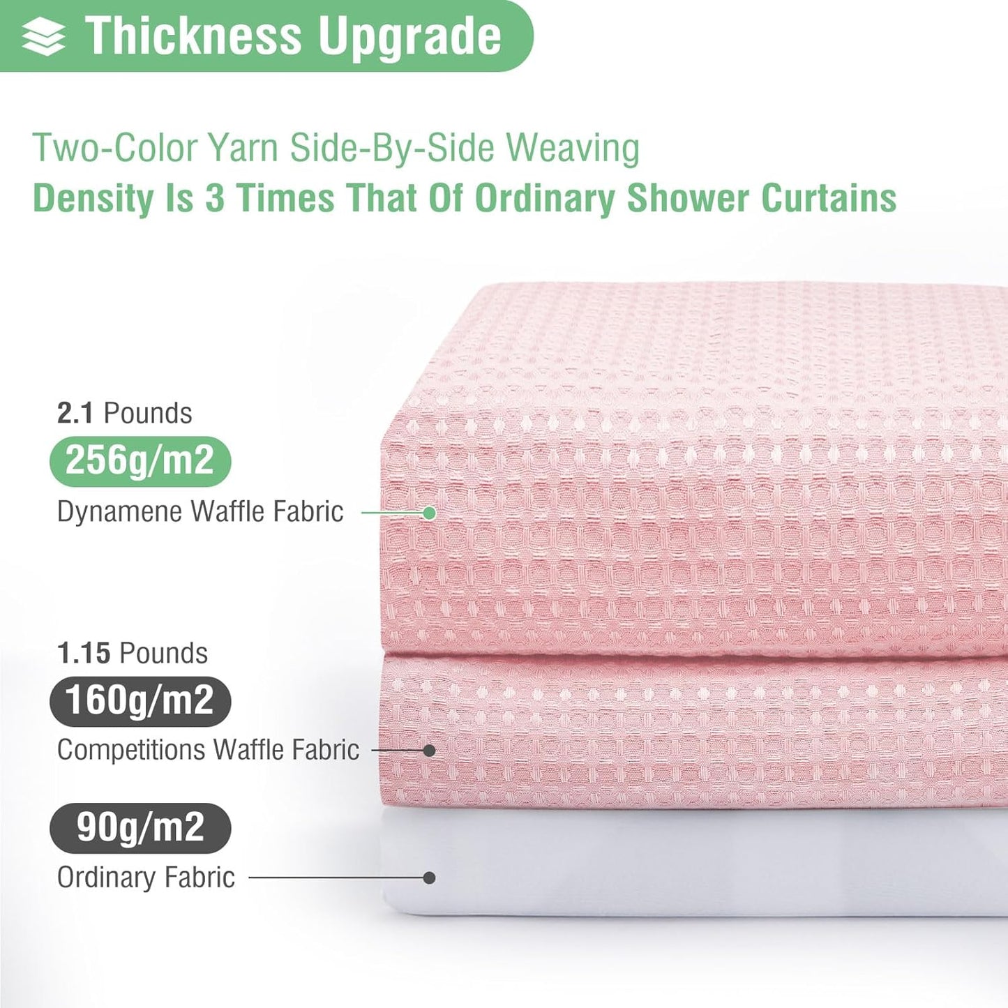 Fabric Shower Curtain - Waffle Weave Weighted Thick Cloth Shower Curtains for Bathroom, Hotel Spa Luxury Bath Curtain Set with 10 Hooks,Pink