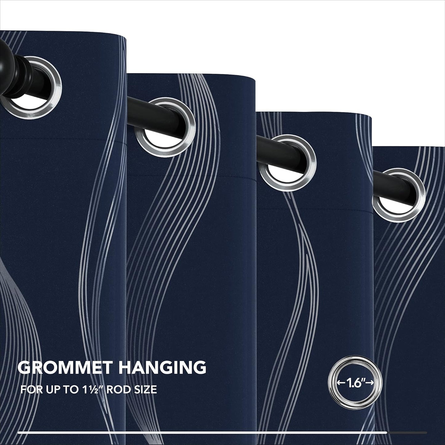Silver Wave Print Blackout Curtains - Thermal Insulated & Noise‑Reducing Grommet Drapes for Bedroom & Living Room,  2 Panels ,Navy