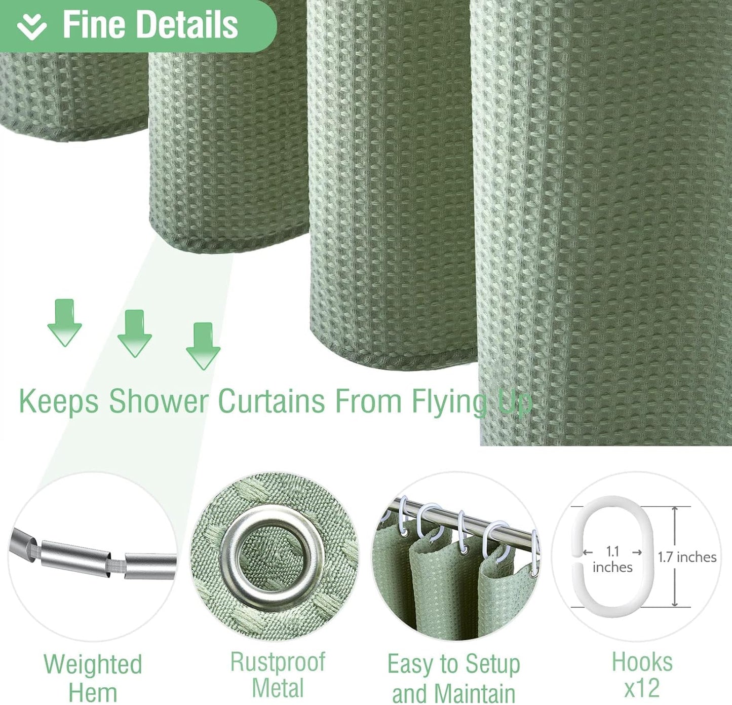 Fabric Shower Curtain - Waffle Weave Weighted Thick Cloth Shower Curtains for Bathroom, Hotel Spa Luxury Bath Curtain Set with 10 Hooks,Sage
