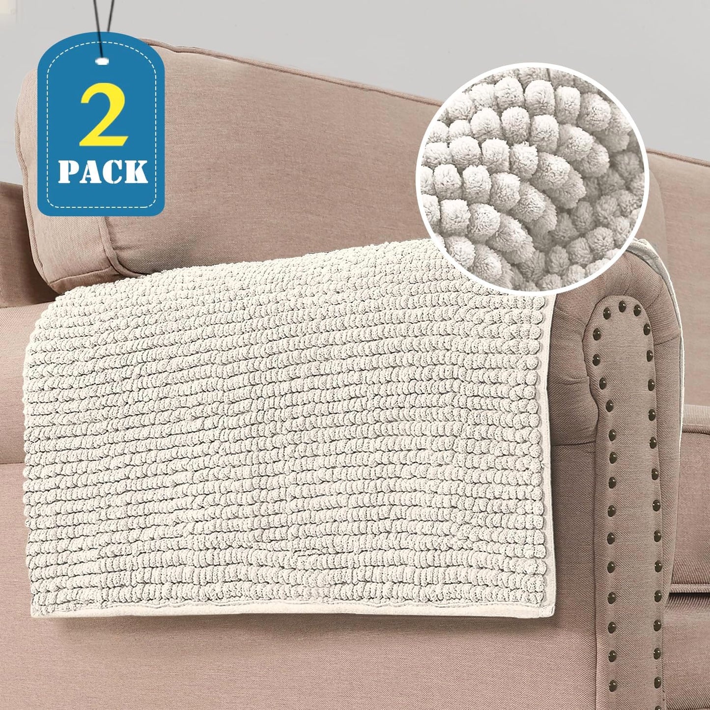 2 Packs Plush Chenille Couch Armrest Cover Thick and Soft Sofa Covers Water Resistant Furniture Protector Cover for Pets,Ivory