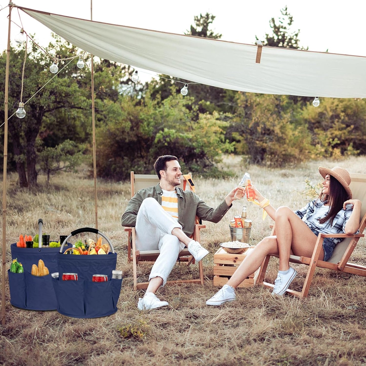 Collapsible Basket with Handles: Portable Picnic, Beach, Garden Harvest,Market Shopping Basket, Home Storage, Bathroom Organizer,Navy