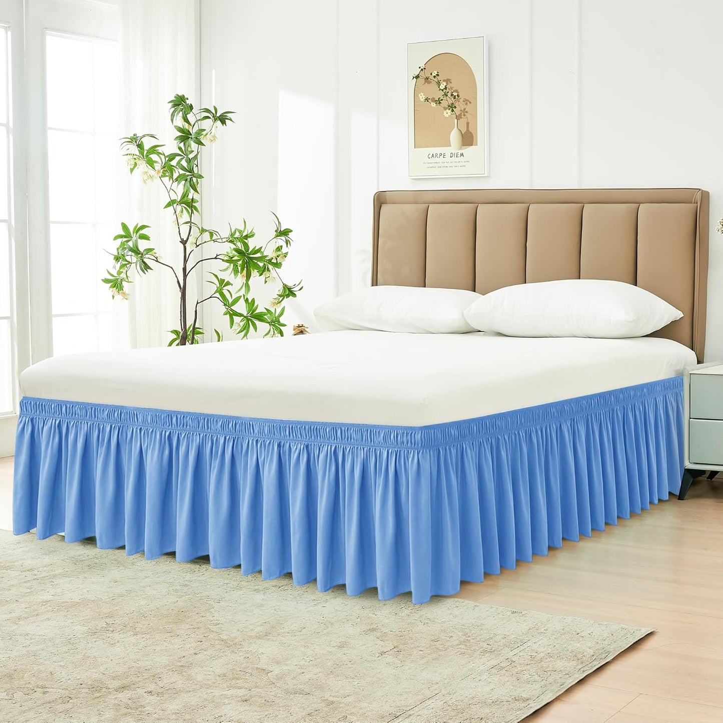 Wrap Around Bed Skirts  15" Drop, Aqua Adjustable Elastic Dust Ruffles Easy Fit Wrinkle & Fade Resistant  Machine Washable ,Blue