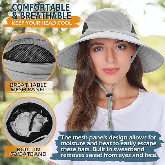 Unisex Sun Hat, Waterproof Wide Brim Bucket Hat Packable Boonie Hat for Fishing Hiking Gardening Safari Beach,Light Grey