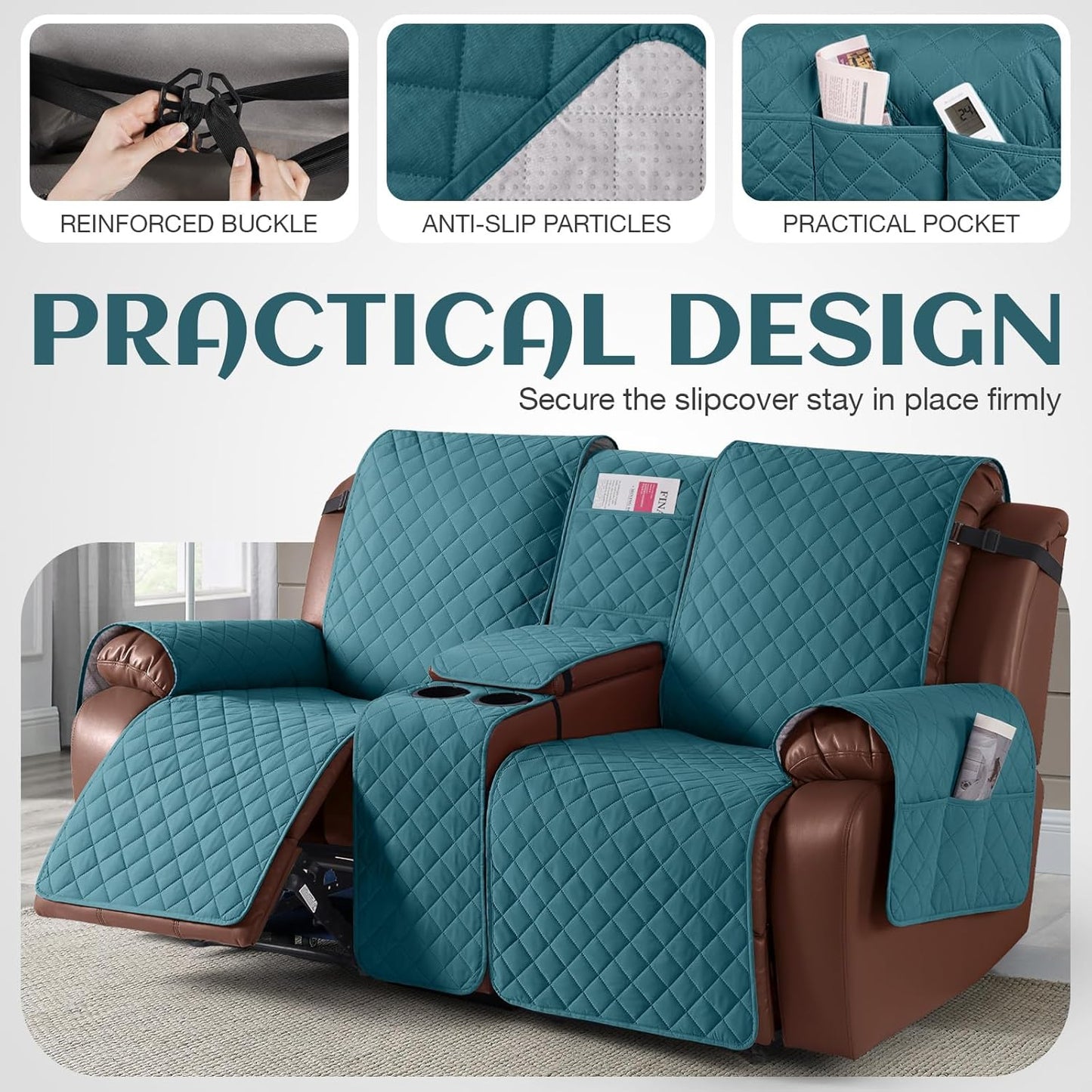 100%Waterproof  with Console, Non-Slip Reclining Couch Covers for 2 Seat, Recliner Sofa Cover Furniture Protector with Elastic Straps for Kids, Pets,Deepteal