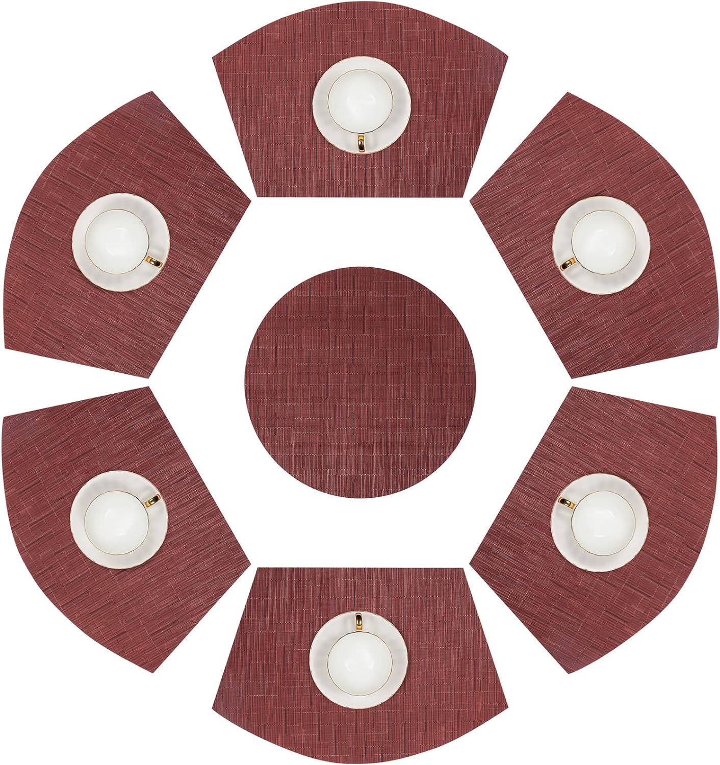 Round Table Placemats Set Wedge Shaped Place Mat with Centerpiece Round Mat Heat Resistant Table Mats Washable, Burgundy Red