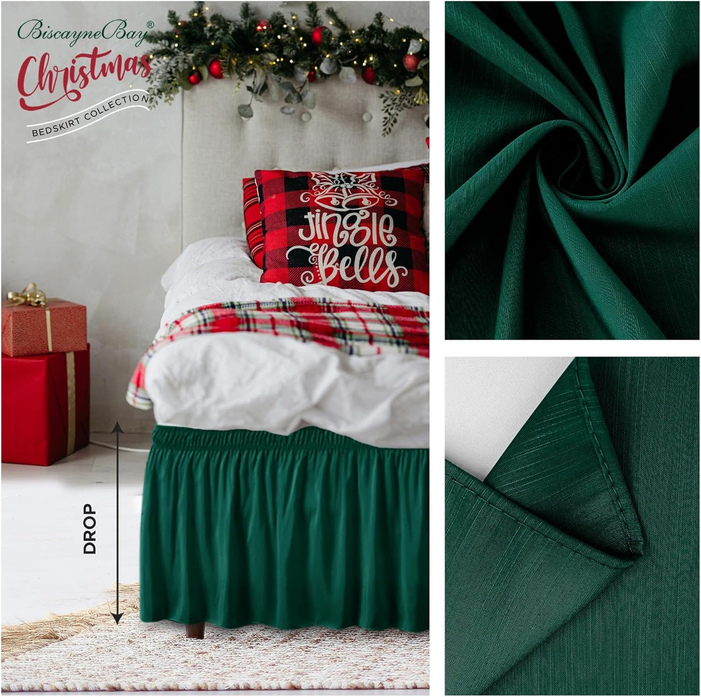 Wrap Around Bed Skirts  15" Drop, Aqua Adjustable Elastic Dust Ruffles Easy Fit Wrinkle & Fade Resistant  Machine Washable ,Dark Green