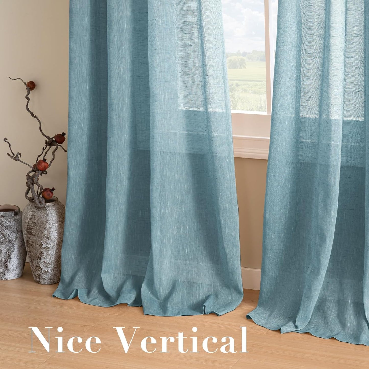 Natural Linen Sheer Curtains 2 Panels, Rod Pocket Semitransparent Semi-Sheer Soft Comfort Privacy Drapes,Stone Blue