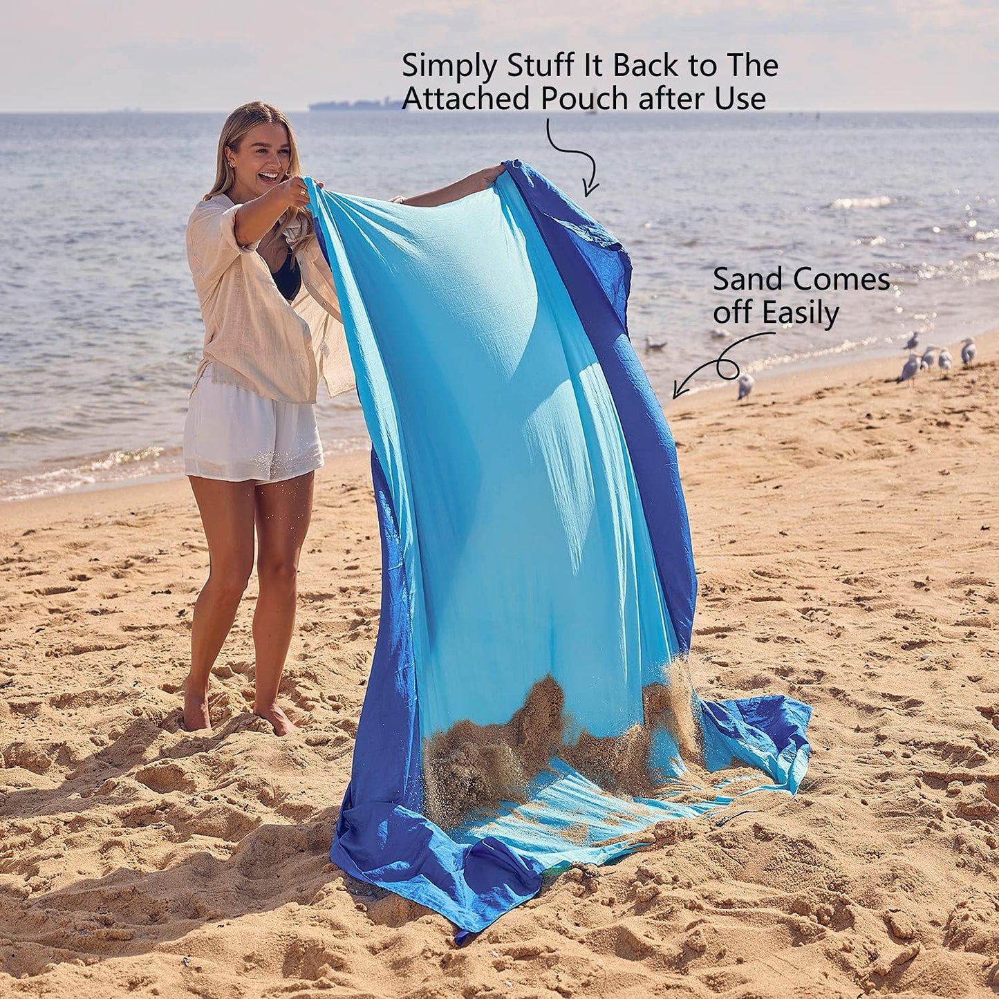 Extra Large Beach Blanket Waterproof Sandproof with 4 Stakes, Easy to Clean, Lightweight ,Fast
