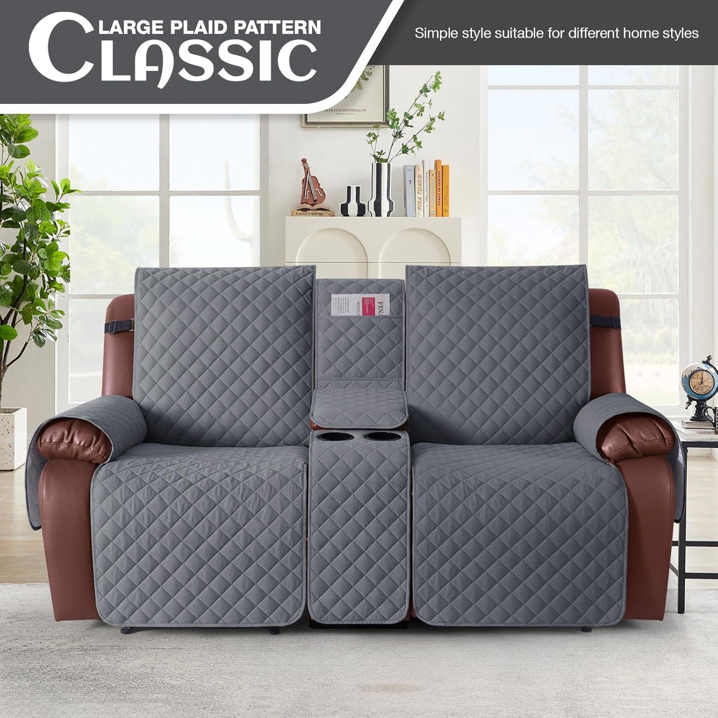 100%Waterproof  with Console, Non-Slip Reclining Couch Covers for 2 Seat, Recliner Sofa Cover Furniture Protector with Elastic Straps for Kids, Pets,Grey