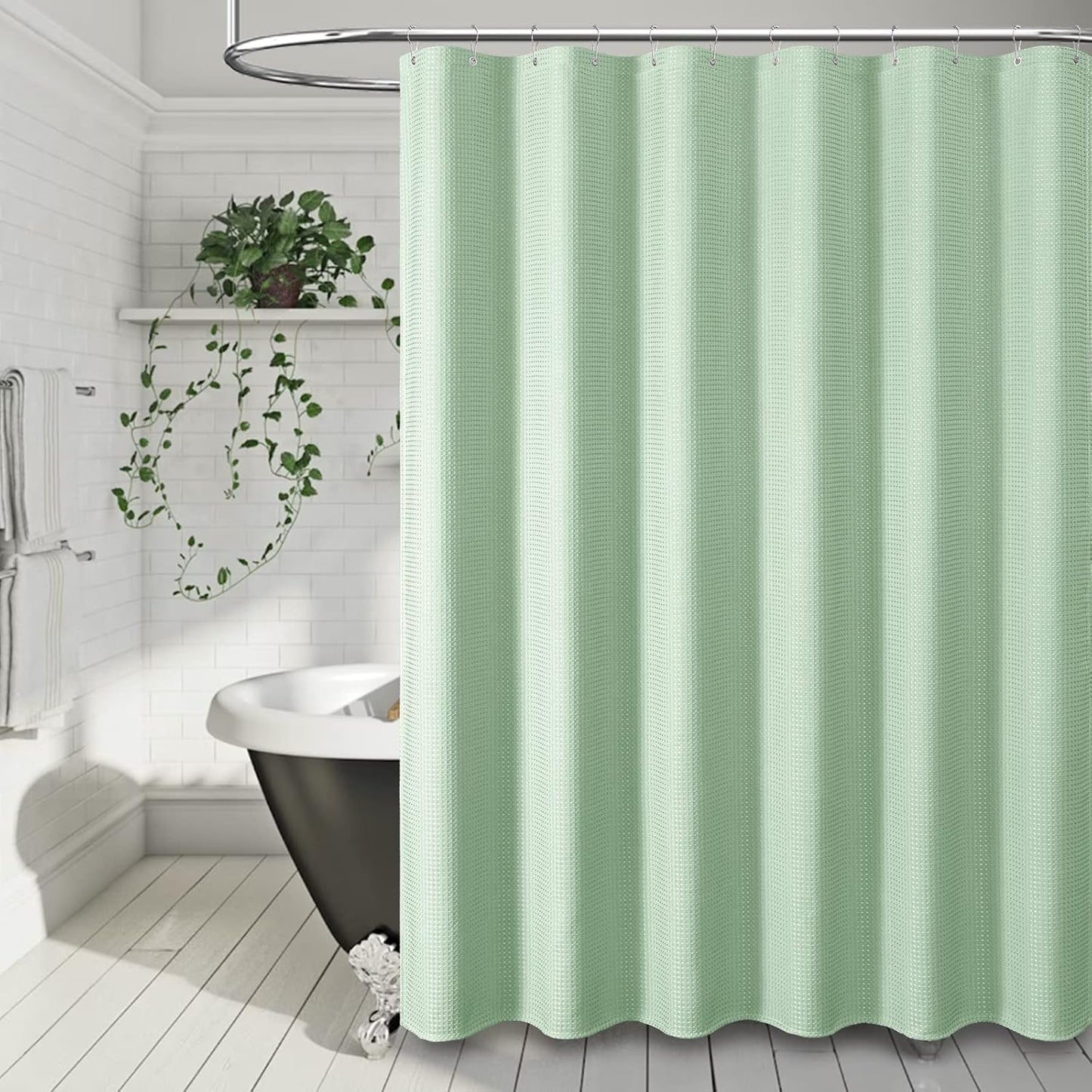 Fabric Shower Curtain - Waffle Weave Weighted Thick Cloth Shower Curtains for Bathroom, Hotel Spa Luxury Bath Curtain Set with 10 Hooks,Mint Green