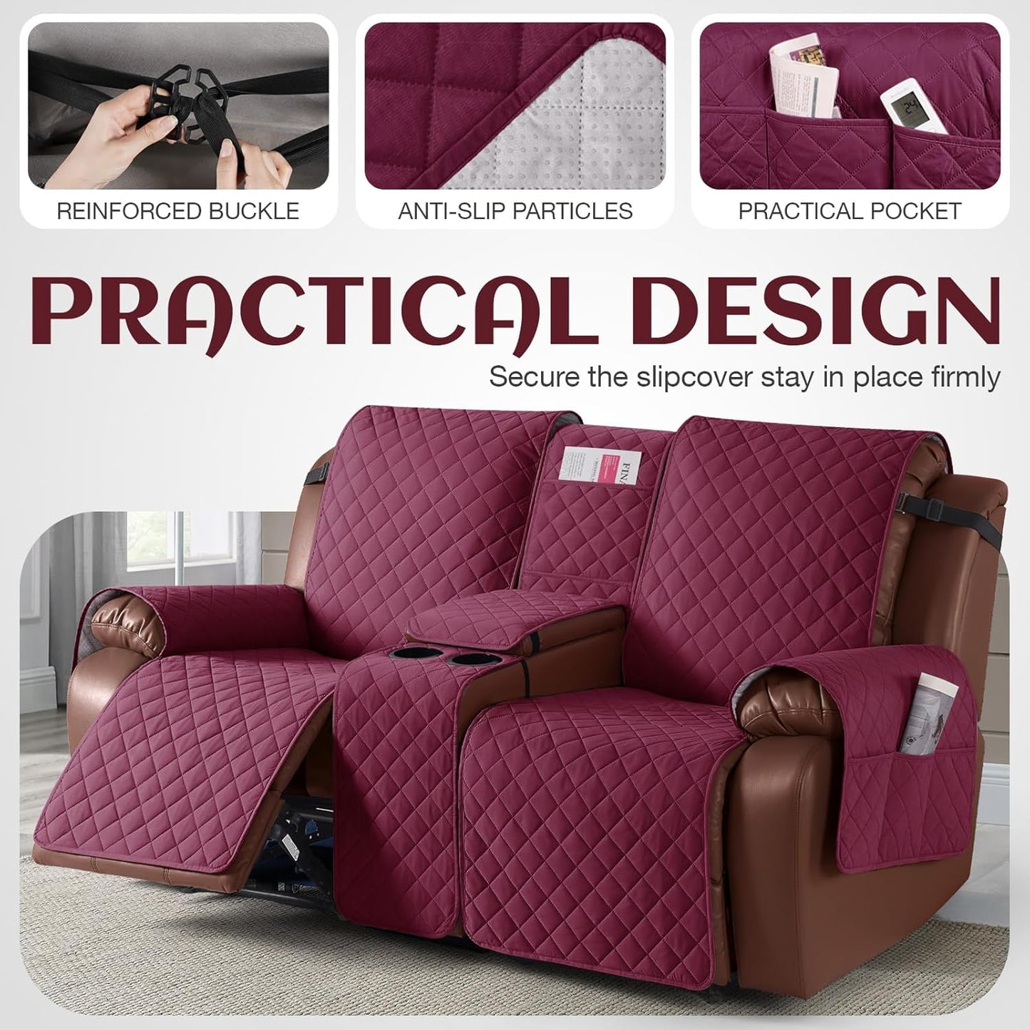 100%Waterproof  with Console, Non-Slip Reclining Couch Covers for 2 Seat, Recliner Sofa Cover Furniture Protector with Elastic Straps for Kids, Pets,Burgundy