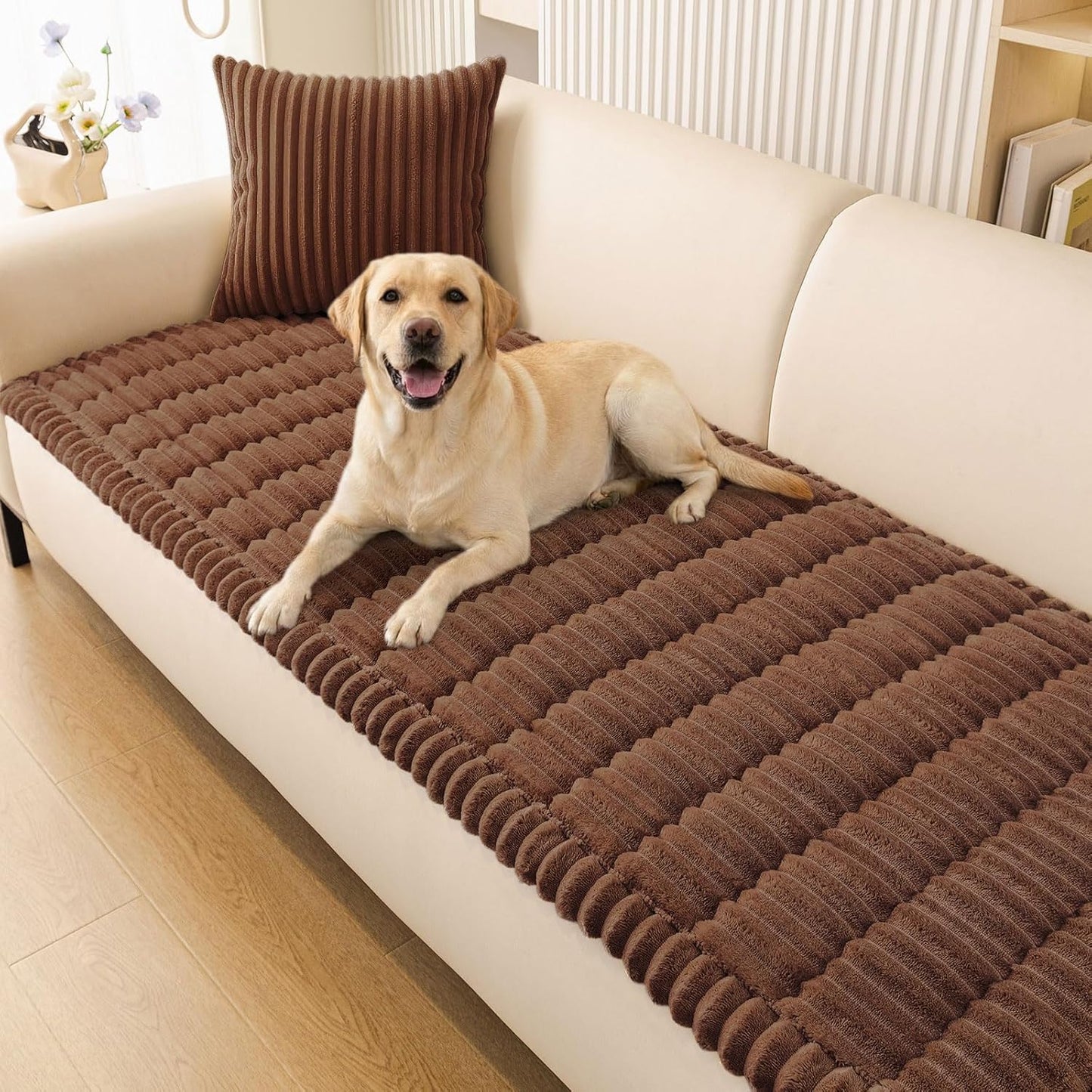 Couch Cover for Dogs Washable, Non Slip Fuzzy Pet Couch Covers for 3 Cushion Sofa Pet Friendly, Thick Soft Sofa Slipcovers Cushion Protector, Brown