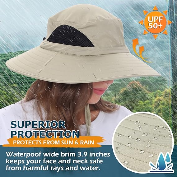 Unisex Sun Hat, Waterproof Wide Brim Bucket Hat Packable Boonie Hat for Fishing Hiking Gardening Safari Beach,Beige