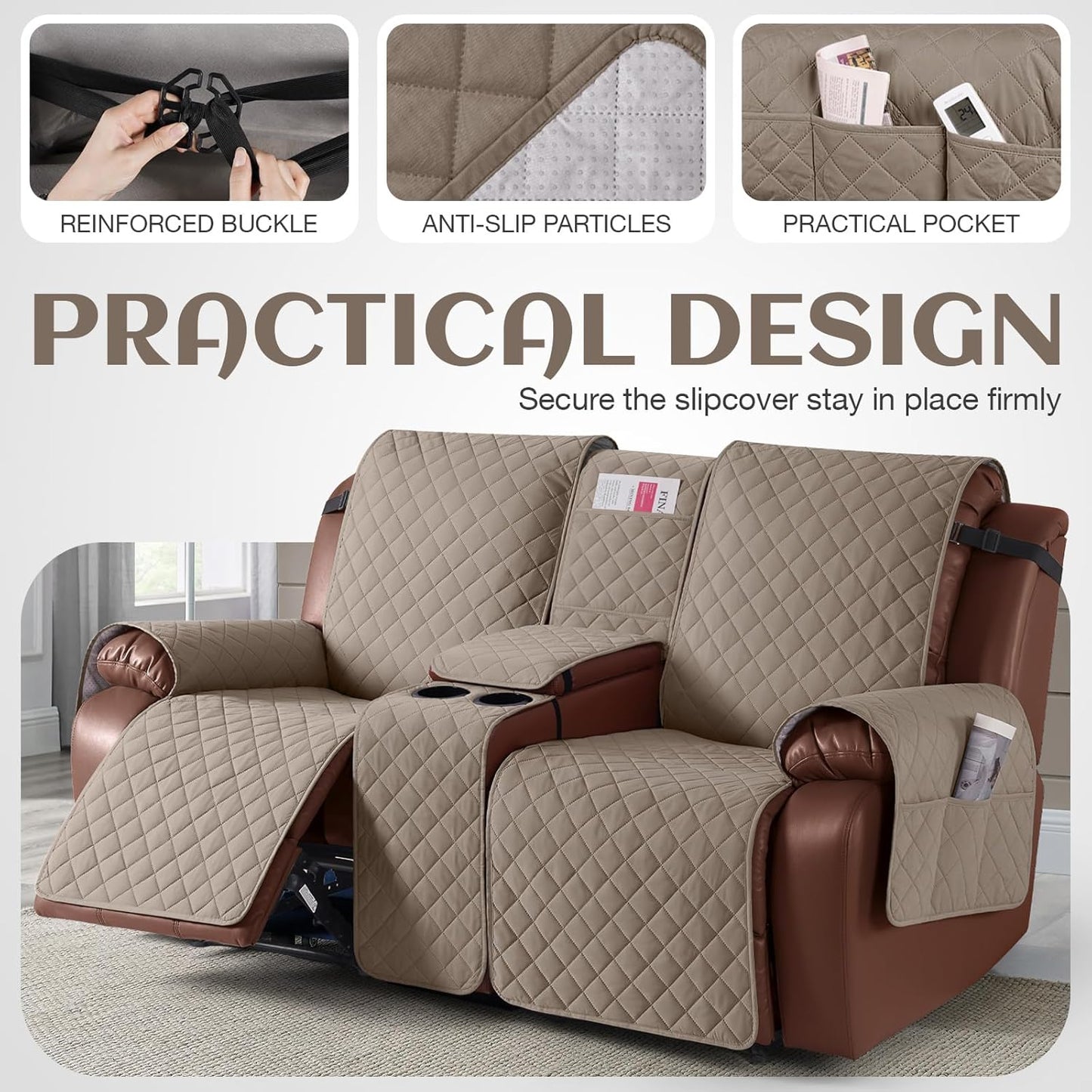 100%Waterproof  with Console, Non-Slip Reclining Couch Covers for 2 Seat, Recliner Sofa Cover Furniture Protector with Elastic Straps for Kids, Pets,Taupe