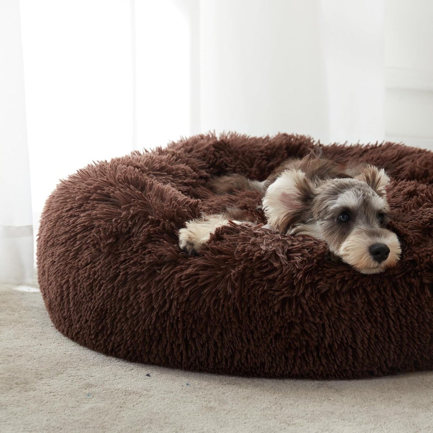 Anti Anxiety Round Fluffy Plush Faux Fur Warm Washable Dog Bed & Cat Bed, Original Bed for Small Medium Large Pets, Coffee