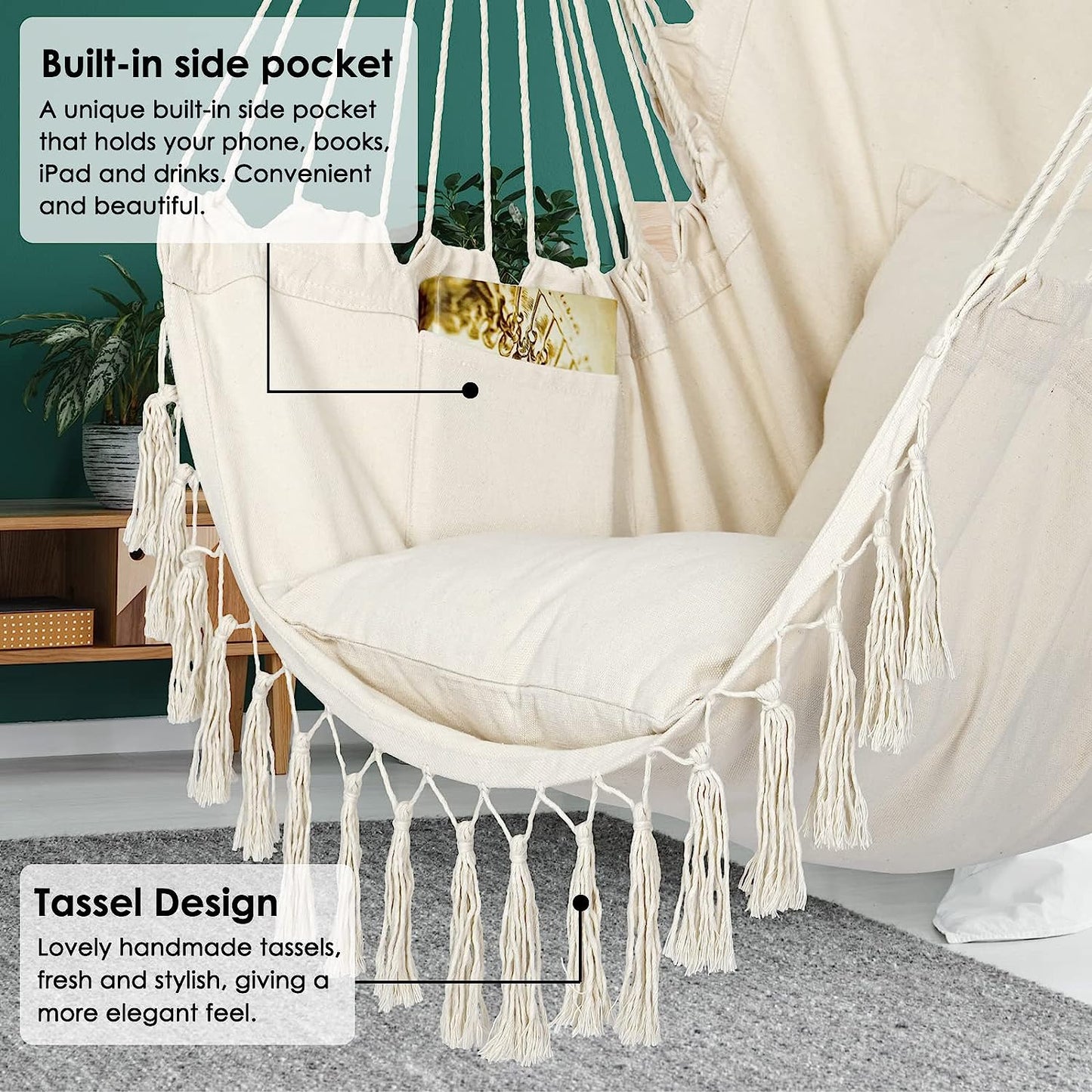 Hammock Chair Hanging Rope Swing, Large Hanging Chair with Pocket and tassels,Cushions for Superior Comfort, with Hardware Kit (Beige)