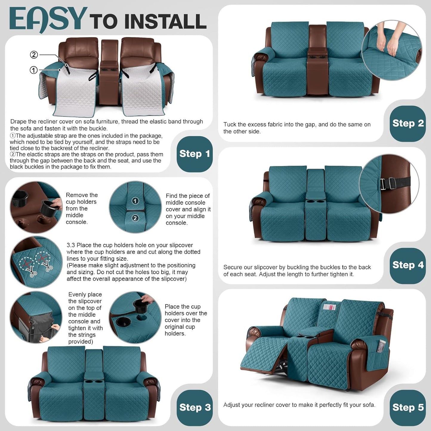 100%Waterproof  with Console, Non-Slip Reclining Couch Covers for 2 Seat, Recliner Sofa Cover Furniture Protector with Elastic Straps for Kids, Pets,Deepteal
