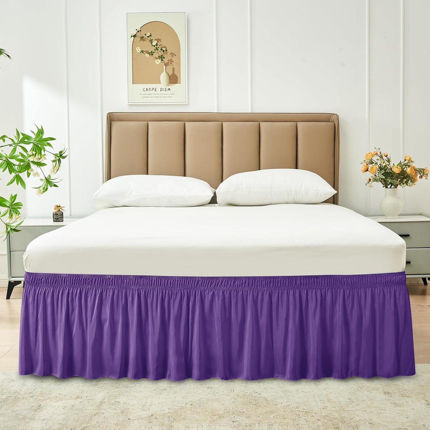 Wrap Around Bed Skirts  15" Drop, Aqua Adjustable Elastic Dust Ruffles Easy Fit Wrinkle & Fade Resistant  Machine Washable ,Purple