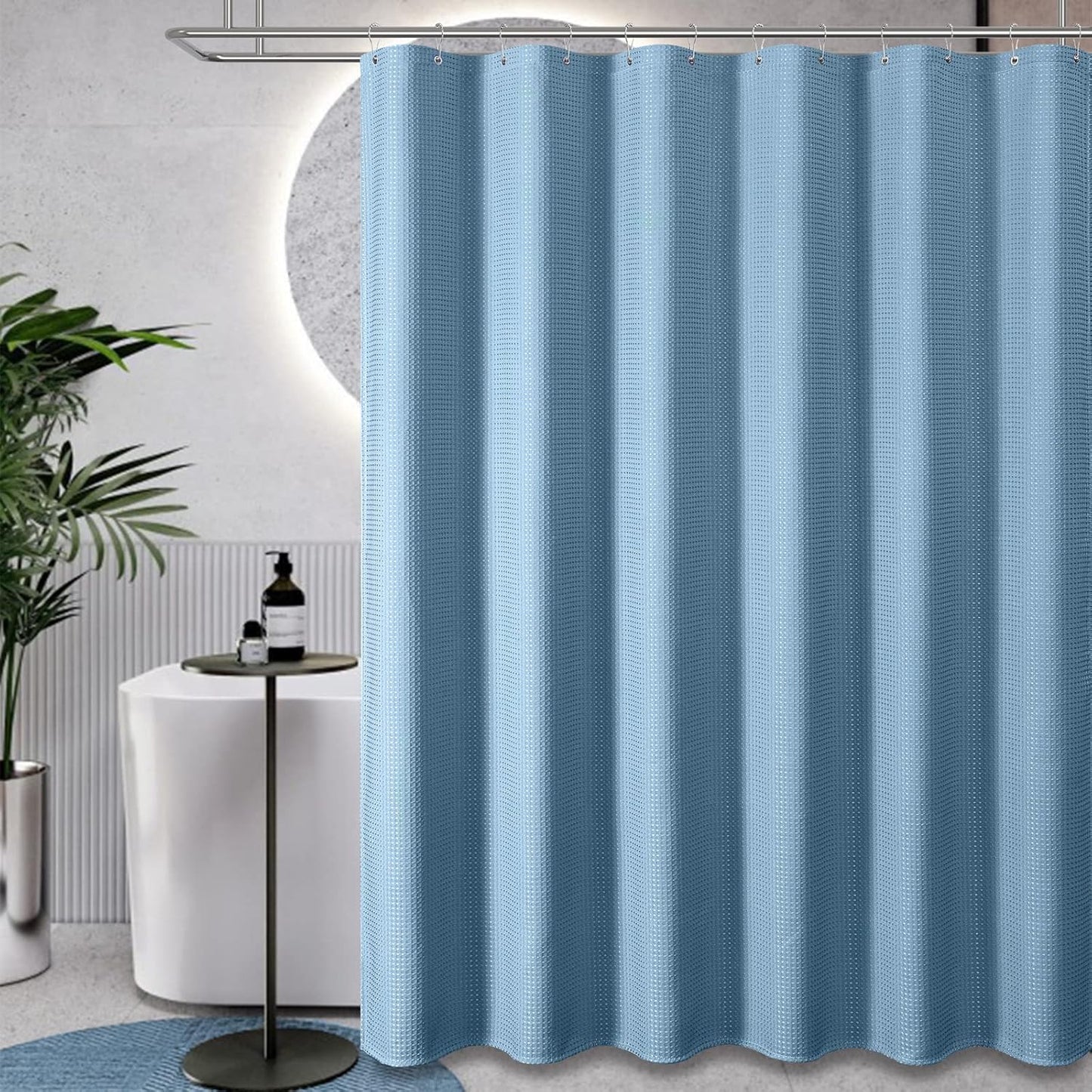 Fabric Shower Curtain - Waffle Weave Weighted Thick Cloth Shower Curtains for Bathroom, Hotel Spa Luxury Bath Curtain Set with 10 Hooks,Moonlight Blue