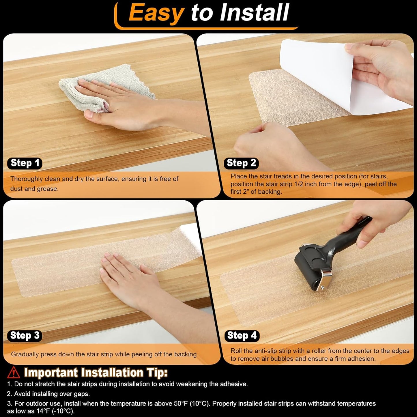 Clear Non-Slip Treads for Wooden Steps Indoor Pre-Cut Anti-Slip Strips, Grip Tape Transparent Grips for Wood Stairs, Dogs, Kids and Pets, Waterproof