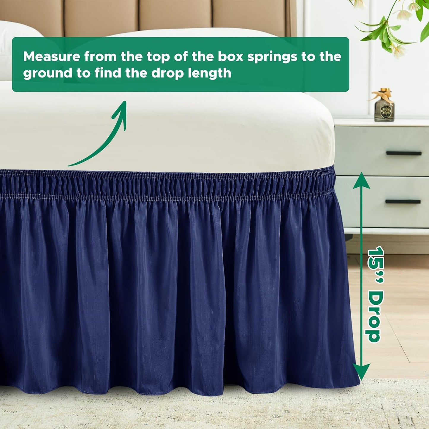 Wrap Around Bed Skirts  15" Drop, Aqua Adjustable Elastic Dust Ruffles Easy Fit Wrinkle & Fade Resistant  Machine Washable ,Navy