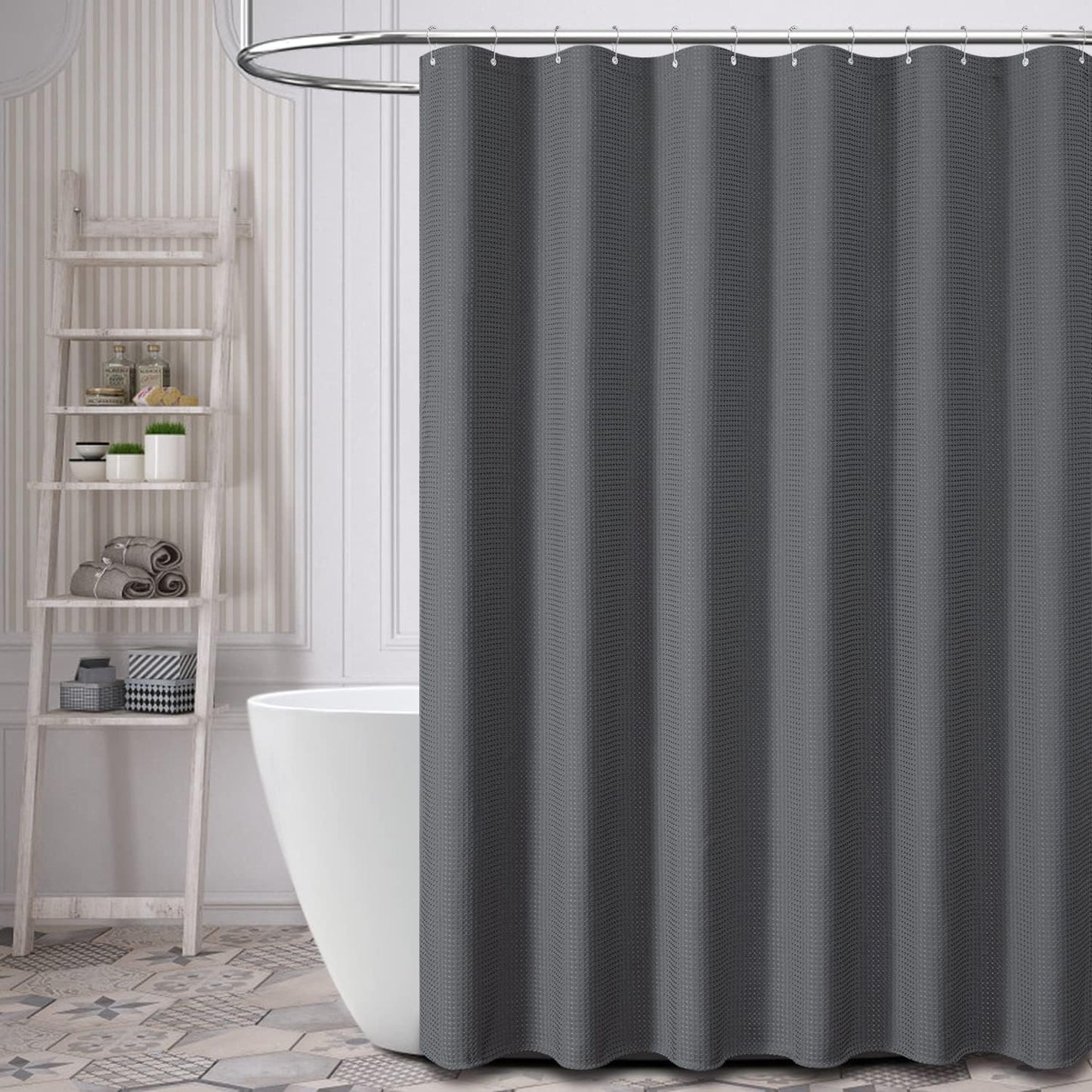Fabric Shower Curtain - Waffle Weave Weighted Thick Cloth Shower Curtains for Bathroom, Hotel Spa Luxury Bath Curtain Set with 10 Hooks,Dark Grey