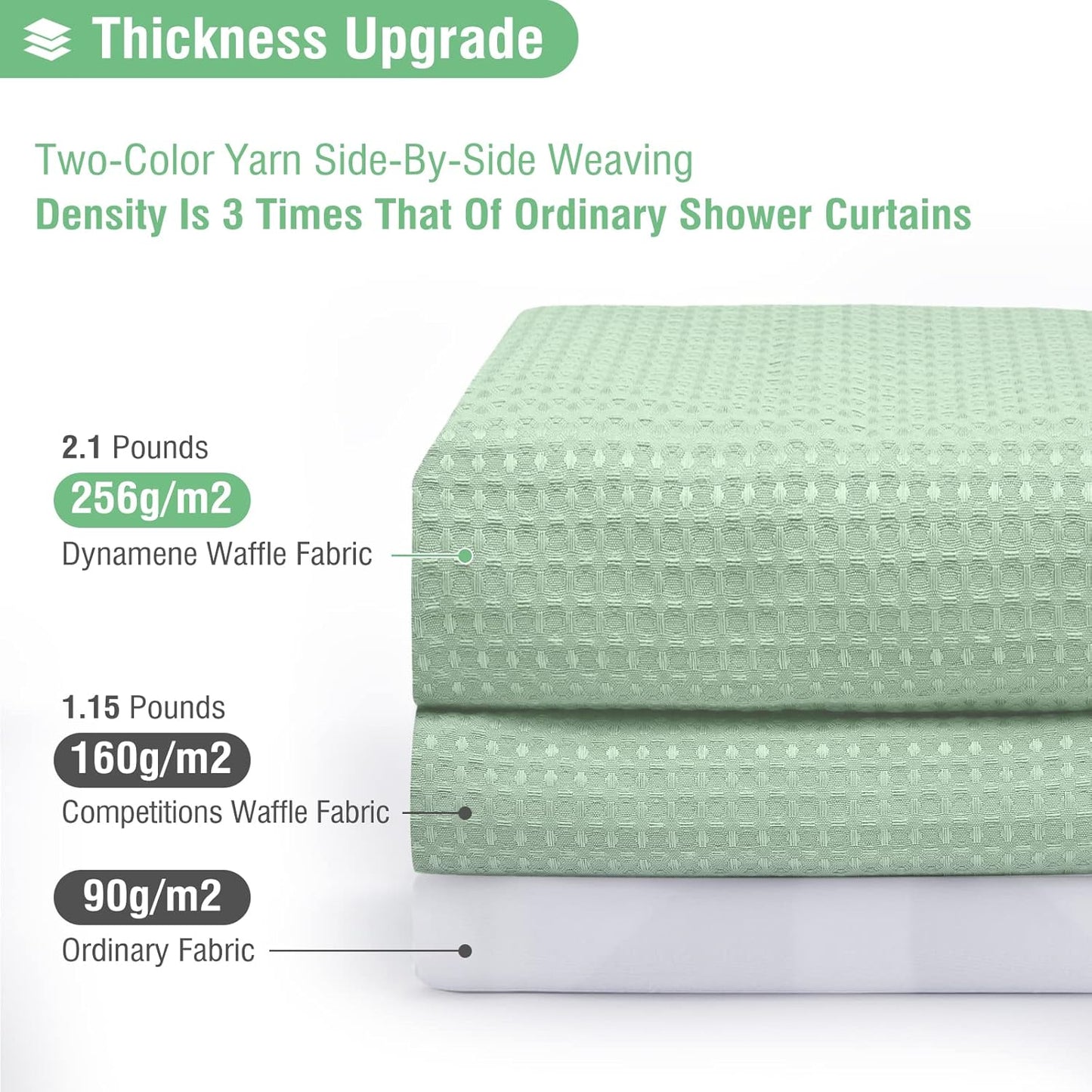 Fabric Shower Curtain - Waffle Weave Weighted Thick Cloth Shower Curtains for Bathroom, Hotel Spa Luxury Bath Curtain Set with 10 Hooks,Mint Green