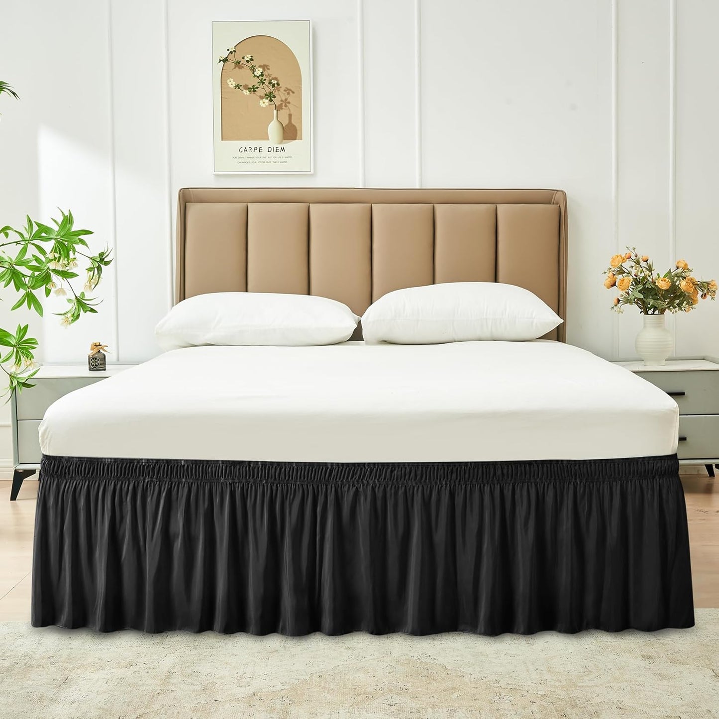 Wrap Around Bed Skirts  15" Drop, Aqua Adjustable Elastic Dust Ruffles Easy Fit Wrinkle & Fade Resistant  Machine Washable ,Black